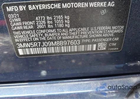 2021 BMW 330I xDrive z USA, uszkodzony, nr VIN 3MW5R7J09M8B97603